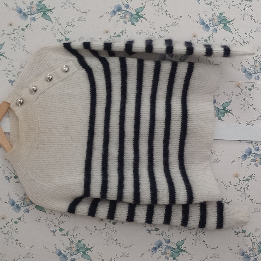 Sezane Cream and Black Striped Turtleneck Sweater with Shoulder Buttons